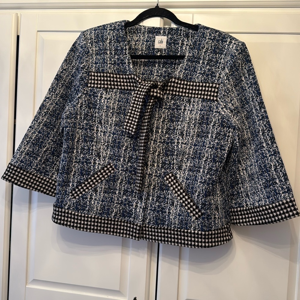 CAbi Blue and Black Tweed Bow Jacket
